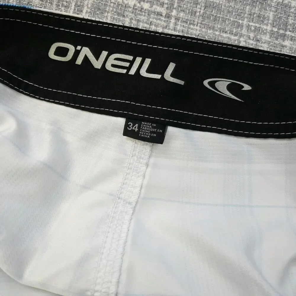 O'Neill Board Shorts Men's 34 White/Blue Plaid 11